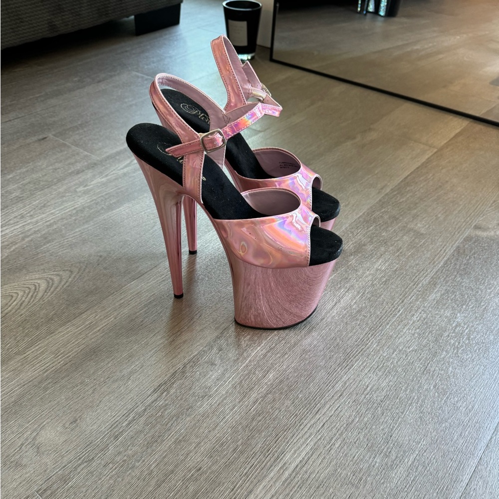 Pleasers flamingo 8 inch halo graphic pink straps with chrome bottoms